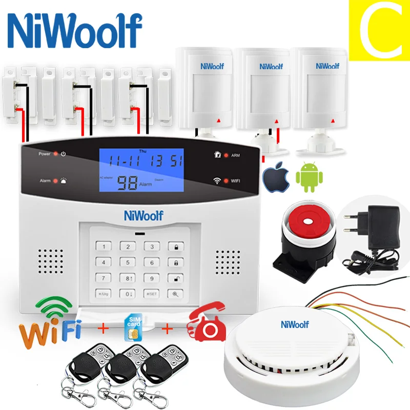 C Wi-Fi GSM домашняя охранная сигнализация Беспроводная и проводной детектор релейный выход смарт-управление Приложение датчик двери пожарный дым Движение Сигнализация - Цвет: C