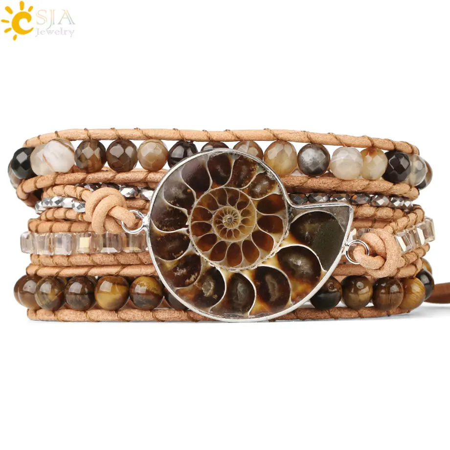 CSJA Boho Wrap Leather Bracelet Natural Ammonite Fossils Hematite Tiger Eye Bead Multilayer Woven Charm Bracelets for Women S475