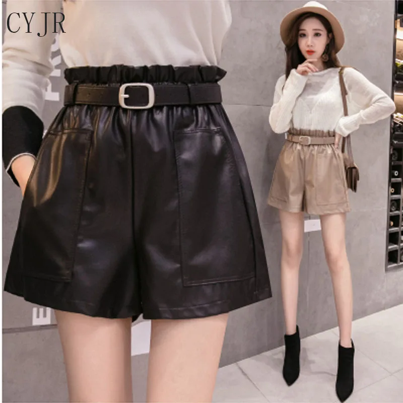 

CYJR Fashion High Waist Shorts Girls A-line Elegant Leather Shorts Bottoms Wide-legged Shorts Autumn Winter Women