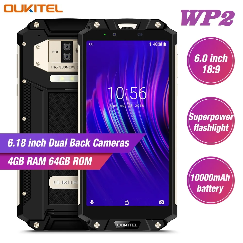 OUKITEL WP2 4G Android 8,0 смартфон 6,0 дюймов Phablet MT6750T 4 Гб ОЗУ 64 Гб ПЗУ NFC водонепроницаемый ударопрочный мобильный телефон 10000 мАч