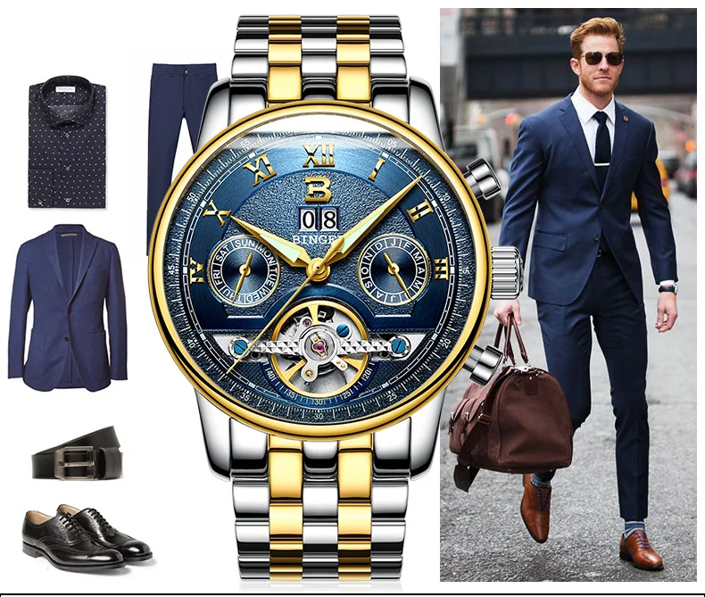 Часы relojes hombre BINGER мужские люксовый бренд автоматические механические деловые