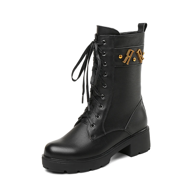 metal letter decorative Martins boots women's lace-up comfortable motorcycle Thick bottom Middle heel winter warm | Обувь