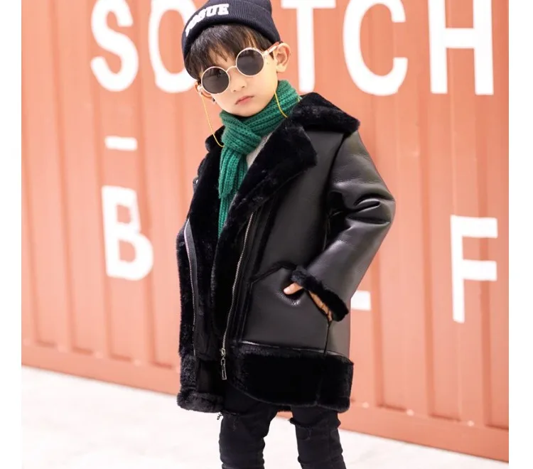 Boys& Girls Plus Velvet Leather Jacket Winter Coat New Fur one Thick Warm Pu Leather Jackets For 2-13T Children