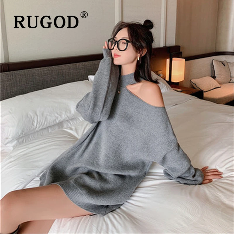 RUGOD элегантный женский свитер с открытыми плечами 2019 модный однотонный теплый