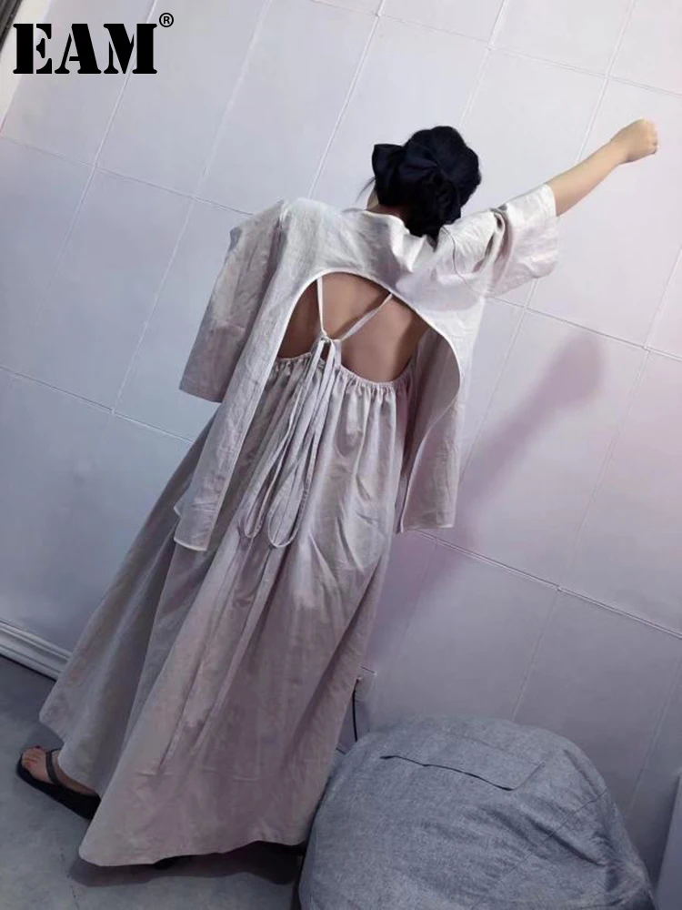 

[EAM] Backless Dress Long Big Size Two Pieces Suit New V-Neck Long Sleeve Loose Women Fashion Tide Spring Summer 2022 1DE0339
