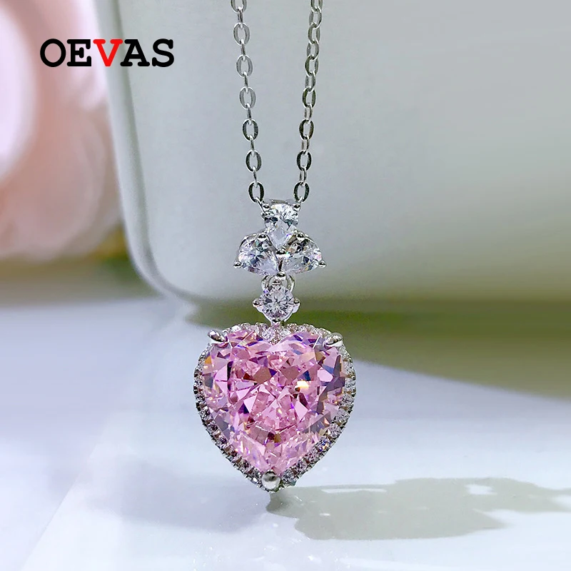 

OEVAS 100% 925 Sterling Silver 12*12MM Pink Heart High Carbon Diamond 45CM Pendant Necklace For Women Sparkling Fine Jewelry