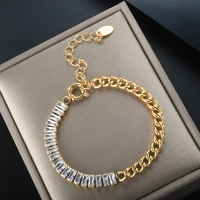 zmfashion full rhinestone zircon stitching grinding chain bracelet gold plated stainless steel women men bangle wrist jewelry