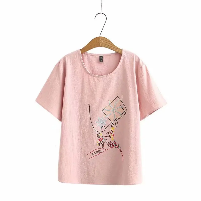

New 2021 Ladies Summer Plus Size Tops For Women Large Short Sleeve Loose Cotton Linen Yellow Embroidery T-Shirt 3XL 4XL 5XL 6XL