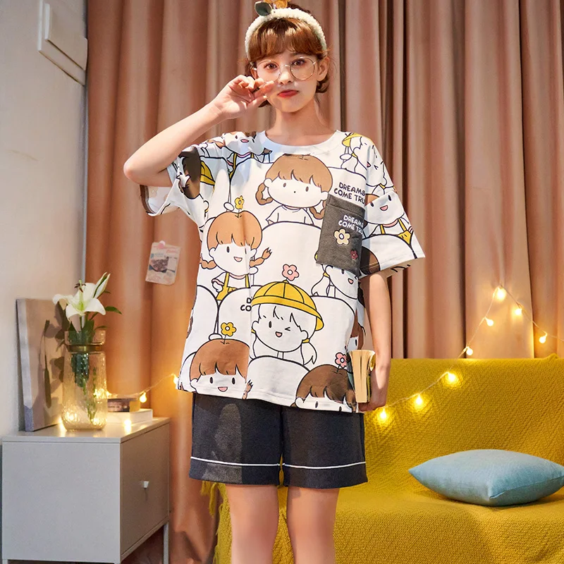 

Повседневная хлопковая модная женская домашняя одежда с коротким рукавом, большой размер, летняя Корейская Милая Красивая пижама с принтом...