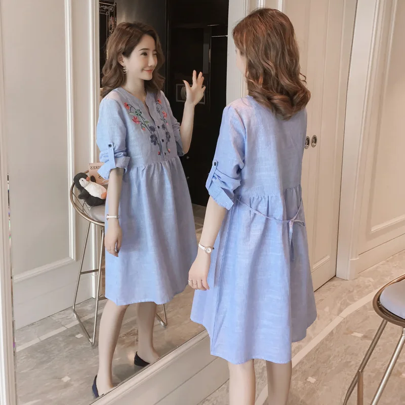 Платья для беременных с вышивкой Одежда Повседневное платье длинными рукавами