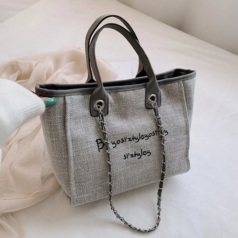 

Сумка-тоут на цепочке, серая, коричневая, цвета хаки, Вместительная женская сумка, осень 2021, модная повседневная Холщовая Сумка на одно плечо...