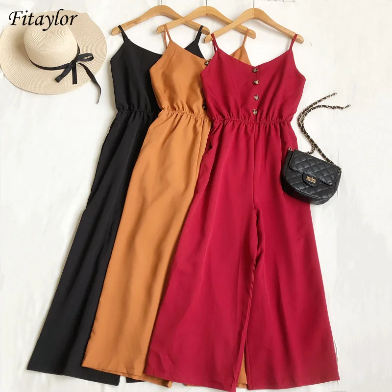 

Fitaylor 2021 New Summer Women Loose Single Breasted Solid Color Pants Casual High Waist Suspender Wide Leg Jumpsuit Pants