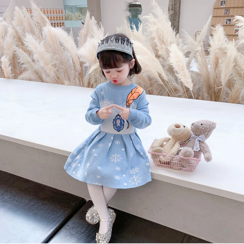 

Girls 2020 Winter New Princess Knitted Plus Velvet Sweater Dress Children Cute Thick Sweater Dress