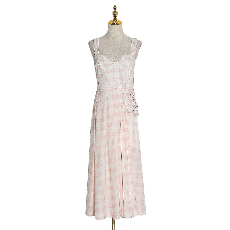 

New gentle and generous checkered fashion suspenders sleeveless waist slim back loose ruffled skirt