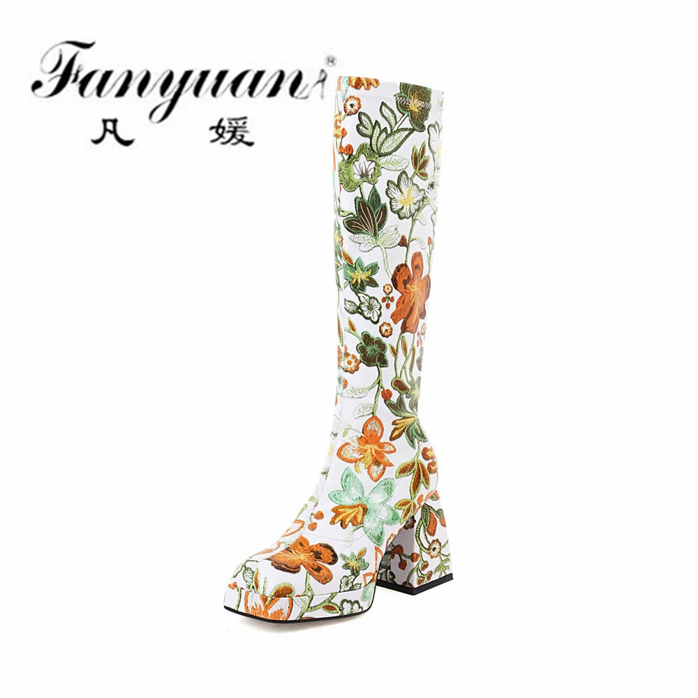 

Женские туфли-лодочки с вышивкой Fanyuan, зимние высокие сапоги до колена из микрофибры на платформе и квадратном каблуке, без застежки