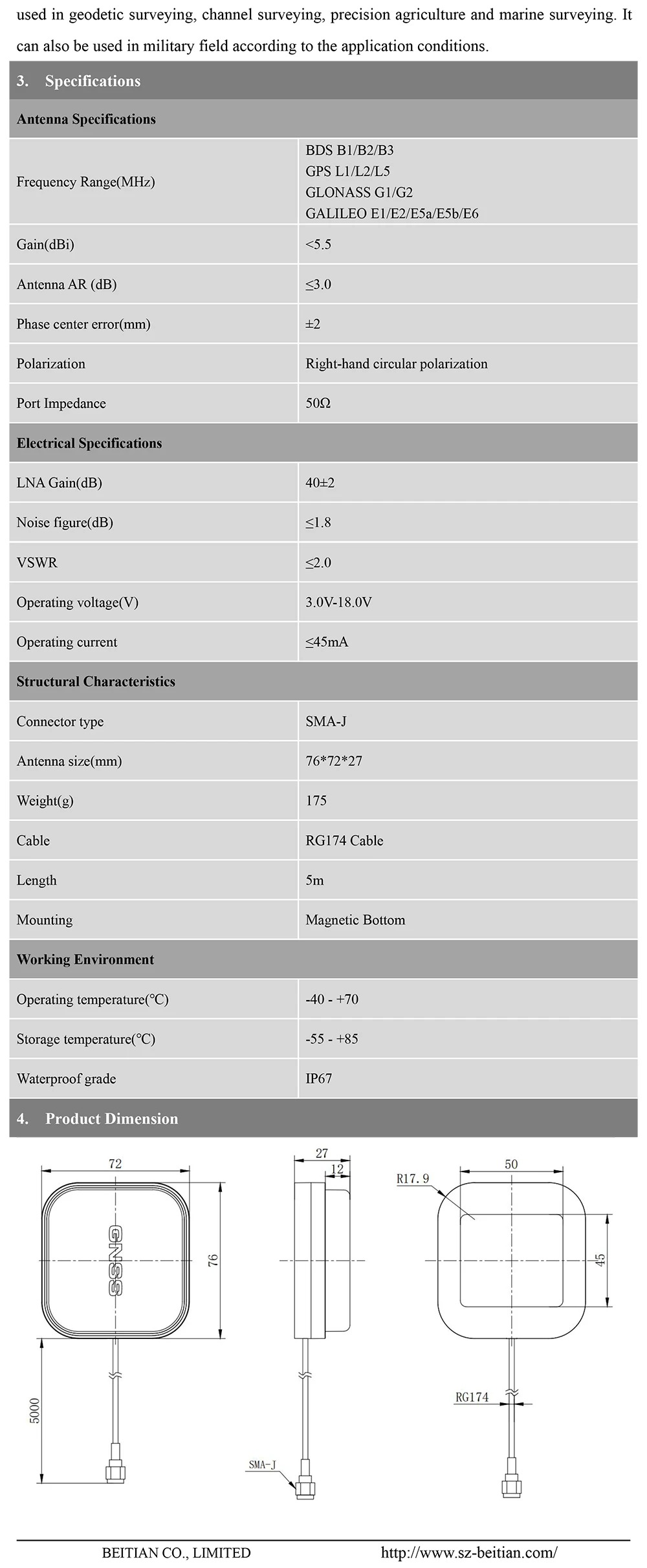 Новая высокоточная gps GNSS антенна, RTK gps антенна, 3,0 V-18,0 V, магнитное дно, 5,0 m RG174, SMA разъем, IP67 водонепроницаемый, BN-345AJ