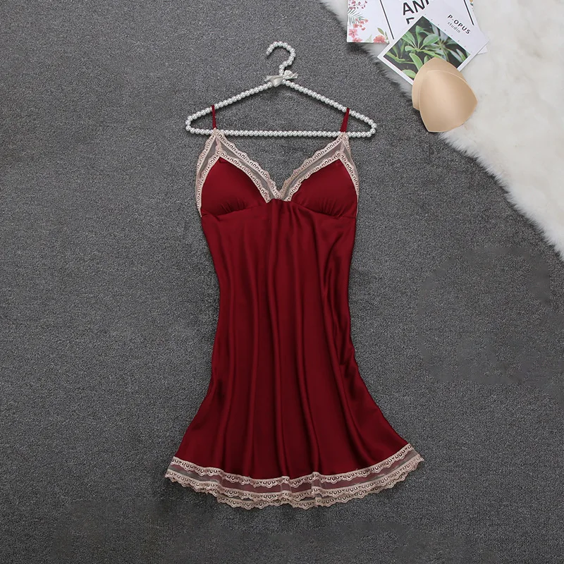 

Sexy V-neck Lace Women Nightgown Spaghetti Strap Nightdress Burgundy Mini Home Dressing Gown Summer Sleepwear Intimate Lingerie