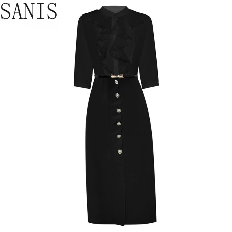 

Sanis Fashion Designer dress Spring Women's Dress Stand collar Lace Patchwork Ruffle Elegant Lady Office Midi Dresses