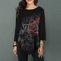 vintage rose floral printed t shirt for womens 2021 new fashion casual loose oversized tee shirts 34 sleeve tunics ladies tops