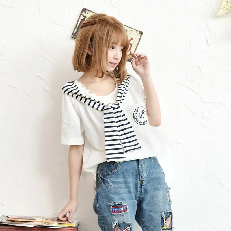 Футболка женская хлопковая с круглым вырезом и вышивкой якоря | Женская одежда