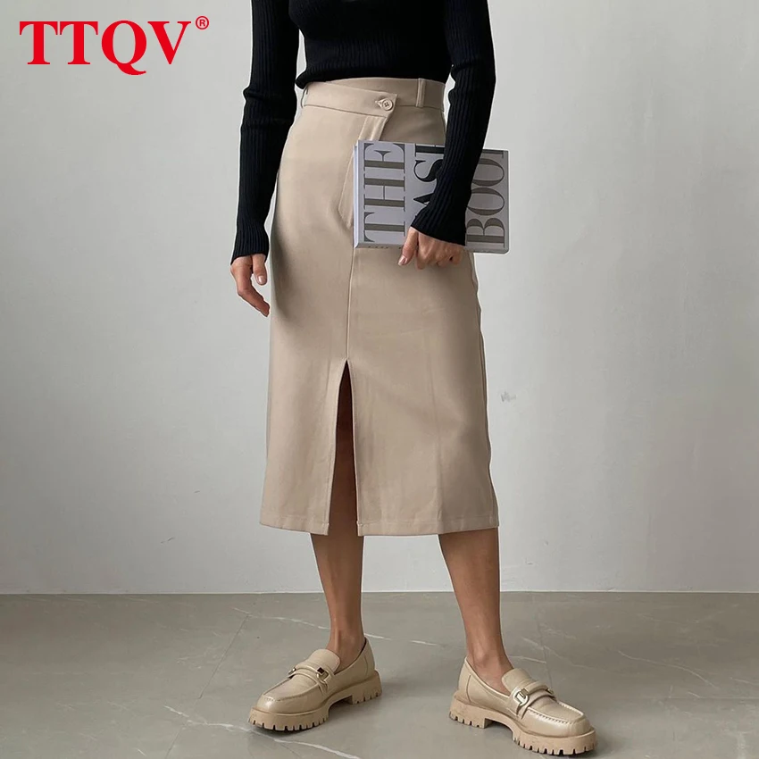 

Элегантная офисная юбка TTQV абрикосового цвета с высокой талией, женская зимняя повседневная облегающая юбка миди до середины икры, модные ж...