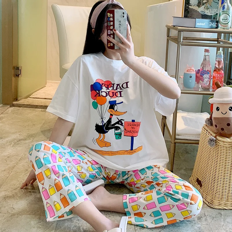 Cute Balloon Duck Pajamas Womens Summer Korean Style Pure Cotton Short Sleeved and Trousers Suit Can Be Worn outside Thin