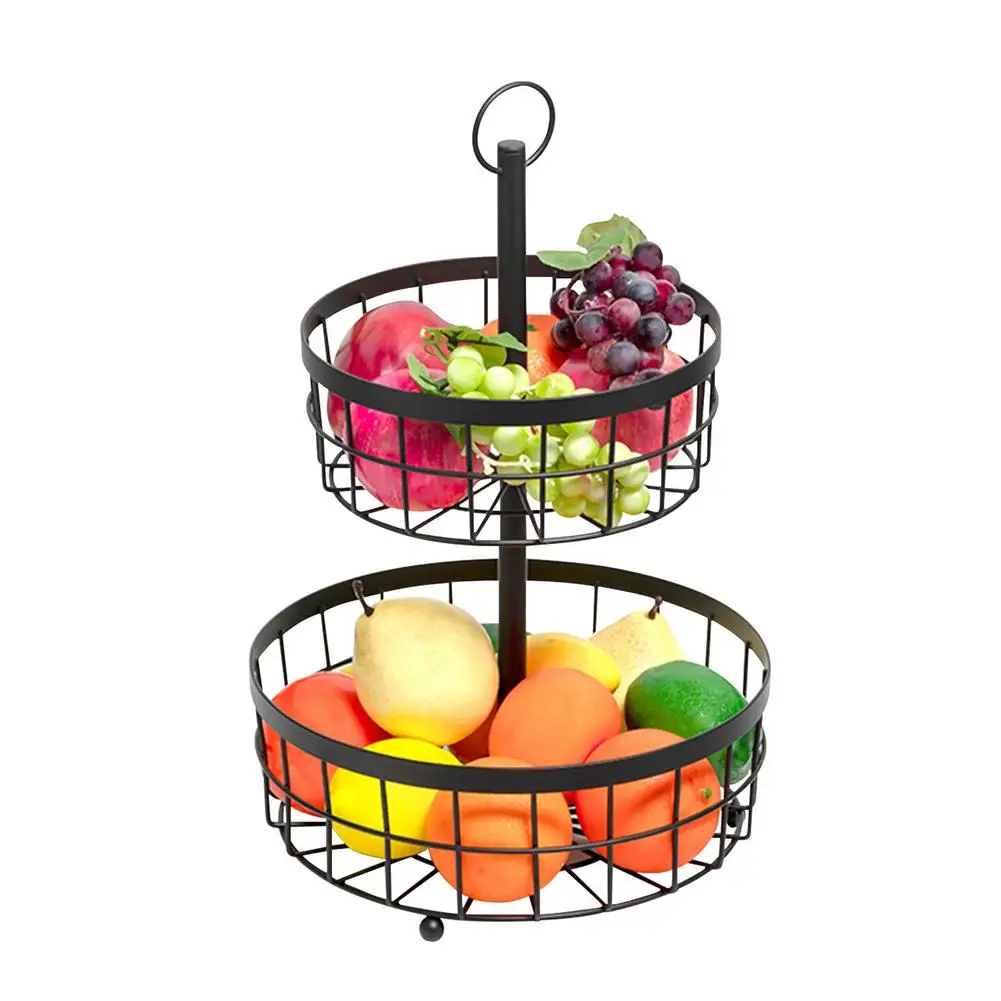 

Черная простая вращающаяся двухслойная корзина для фруктов, многофункциональная необычная корзина из кованого железа для пикника