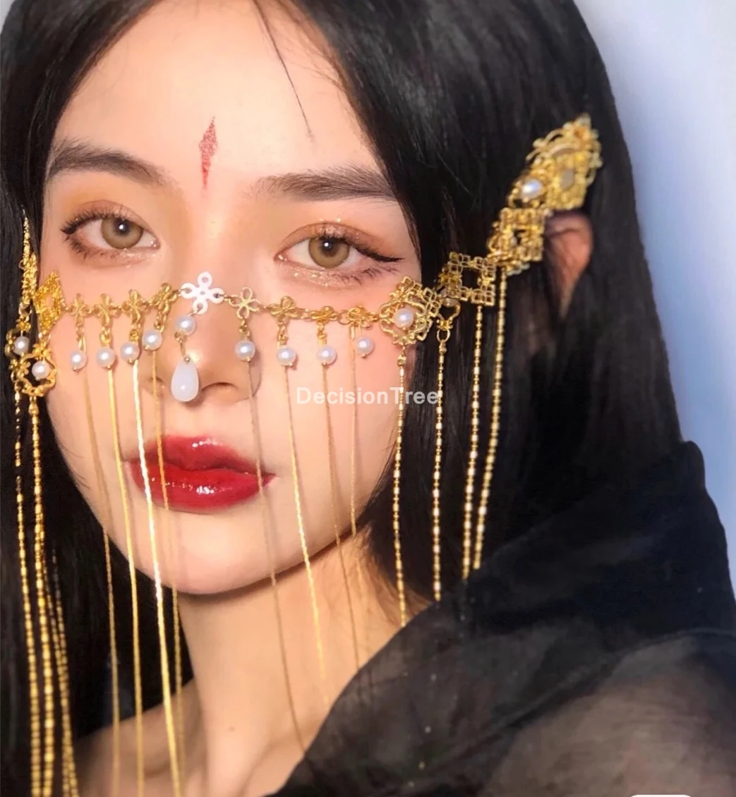 

2022 aestheticism ancient woman veil ancient style hanfu accessories tassel ear-hook cover the face tassel veil cosplay props