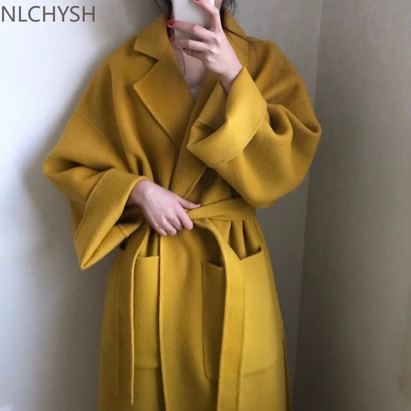 

Elegant Solid Long Wool Coat Women Batwing Long Sleeve Loose Drop Shoulder Pocket Coat Split Hem Chic Stylish Jacket