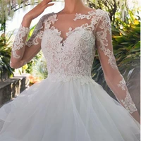 elegant lace appliques long sleeve white ball gown wedding dresses luxury sexy tulle bridal dresses vestido de noiva princesa