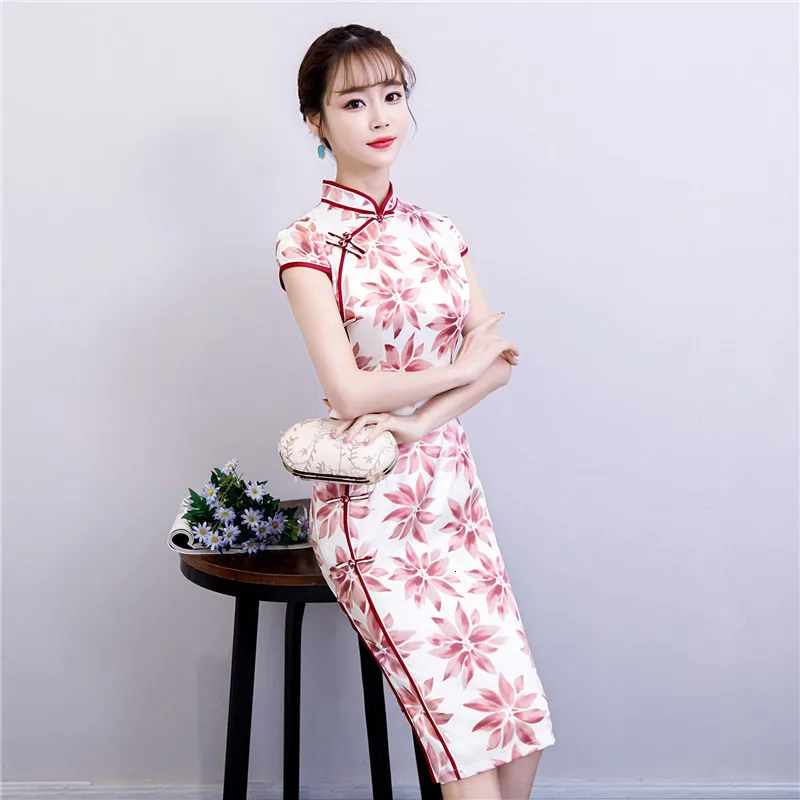Красное китайское традиционное платье женское шелковое атласное Cheongsam винтажное Ципао летнее платье с коротким рукавом Вечерние Платья с цветочным принтом размера плюс