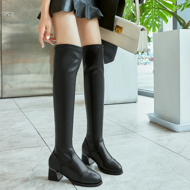 

Женские Длинные хлопковые сапоги на толстом каблуке, на молнии, до колена