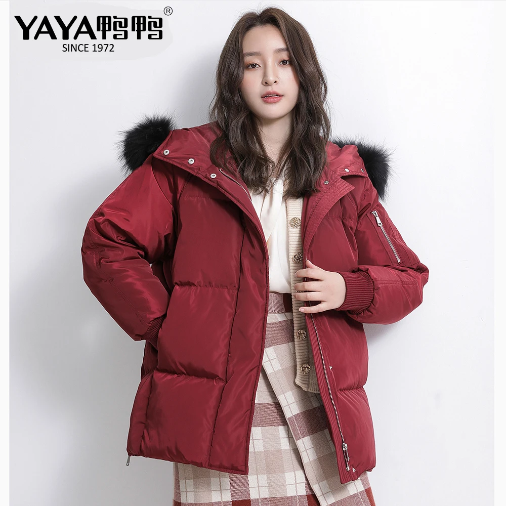 Женский пуховик средней длины YAYA свободное теплое пальто на белом утином пуху со