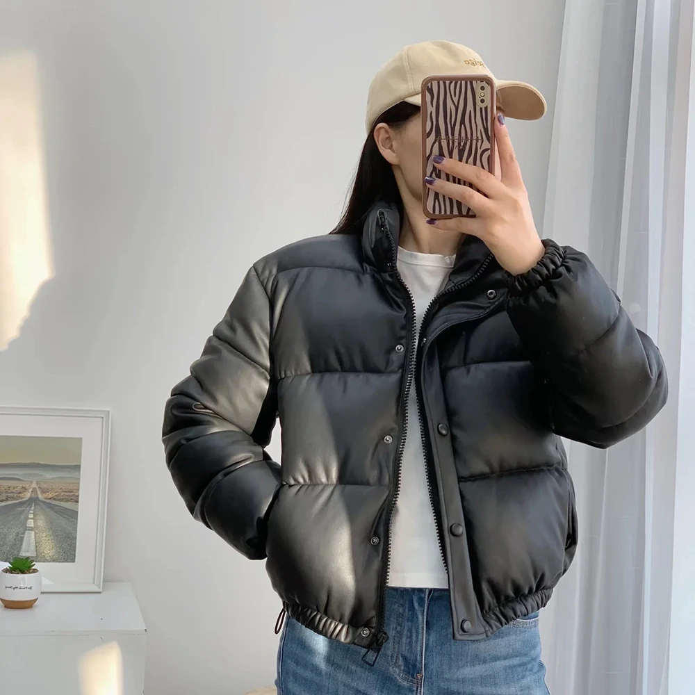 

Женская короткая парка из ПУ кожи, с воротником-стойкой и длинным рукавом