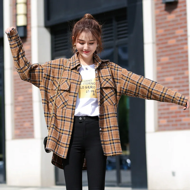 Женская Длинная блузка на пуговицах свободная в клетку с принтом одежда для