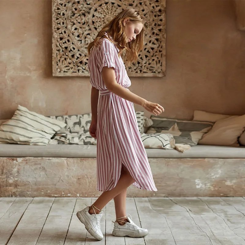 2019 Винтаж женские пояса платье в полоску короткий рукав с отложным воротником