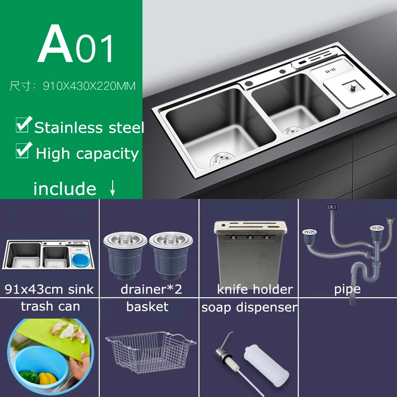 

Stainless Steel Nano Sink with Trash Can Multi-function Kitchen Sink Above Counter Thickened Double Slot Kitchen Bowl Farm Sink