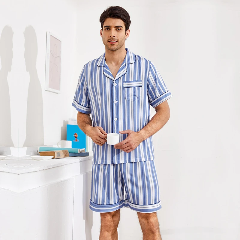 

Kwyaster Faux Silk Loungewear Men's Pajama Sets Satin Print Sleepwear Casual Two Piece Set Shirt&Pants Soft Home Clothes Pyjama