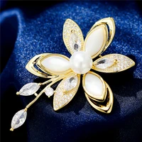 trendy elegant lotus brooch exquisite shell cubic zircon brooches pin for women coat badge creative flower accessories corsage