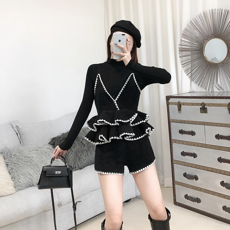 ALPHALMODA, вязаный свитер+ жилет с рюшами+ шорты, Женский Стильный костюм из 3 предметов, новинка, осенне-зимний модный комплект одежды