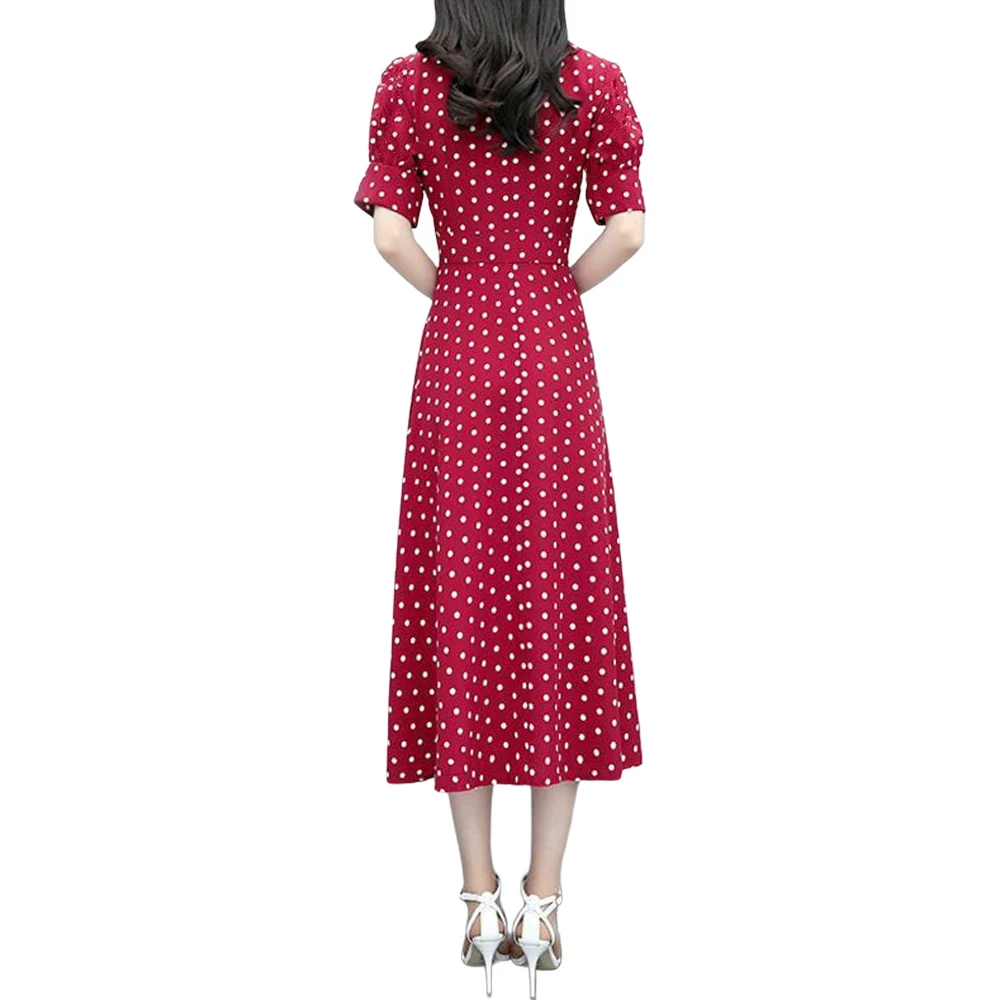 

Women Polka Dot High Waist Dress Summer Sweet Skinny Dress Short Sleeve Long Dresses