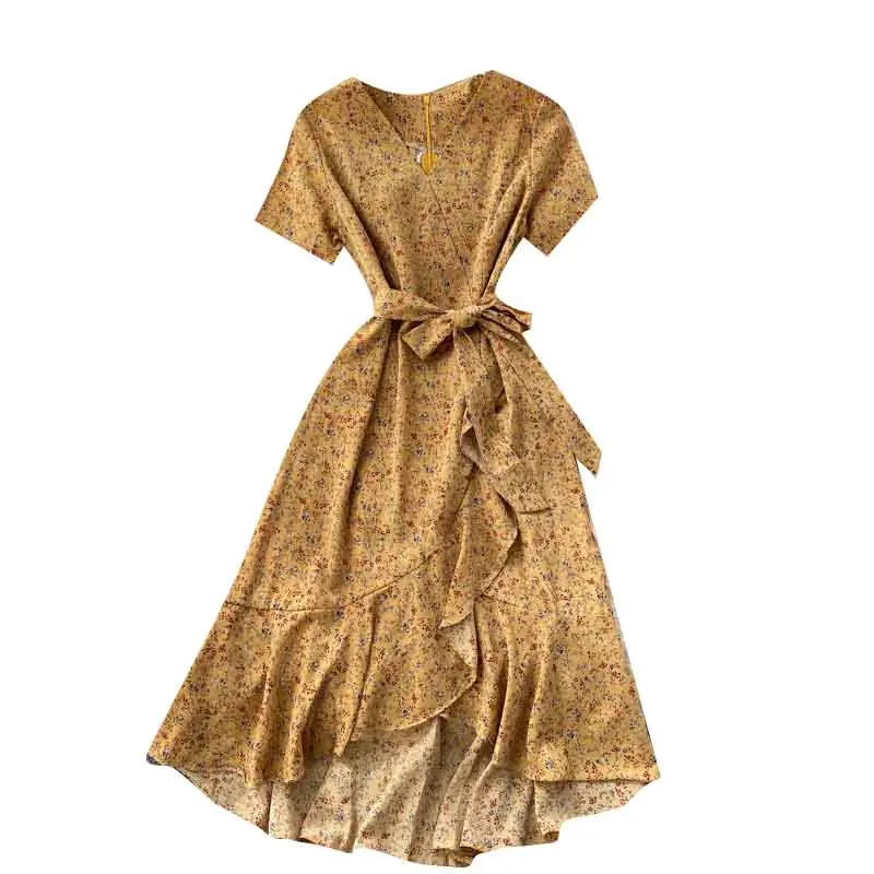 

Floral Dresses Women Summer Sexy V-Neck Boho Beach Dress Short Sleeve Bandage Waist A-Line Ruffle Midi Dress Wrap Sundress Robe