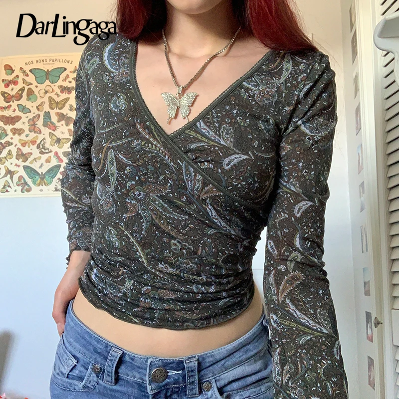 

Darlingaga Retro Harajuku Fairycore Grunge Graphic Print Long Sleeve T-shirts Wrap Y2K Crop Tops Fashion Autumn Shirt Aesthetic