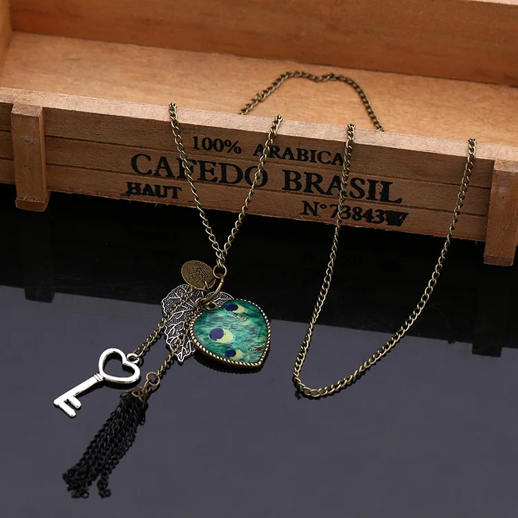 Ожерелье с подвеской в форме листа павлина сердца винтажное длинное ожерелье