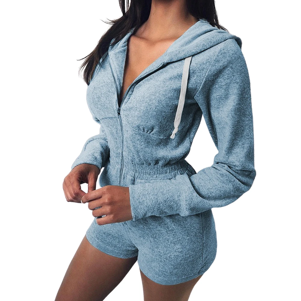 

Женский комбинезон с длинным рукавом и капюшоном, повседневный однотонный комбинезон на молнии, Спортивная повседневная одежда