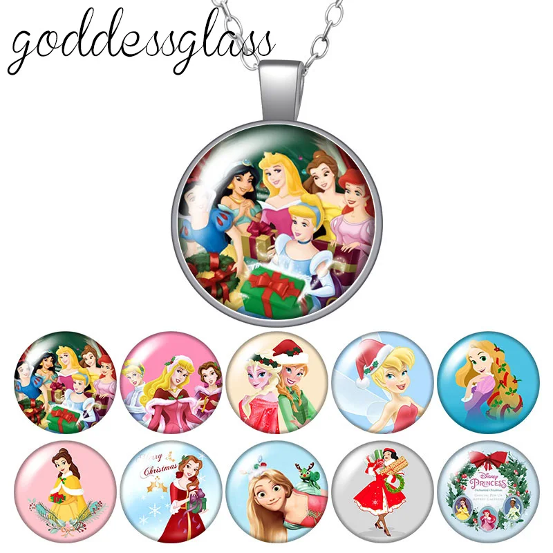 Disney Christmas Princesses Belle Elsa Anna Alice Round Glass glass cabochon silver plated/Crystal pendant necklace jewelry Gift