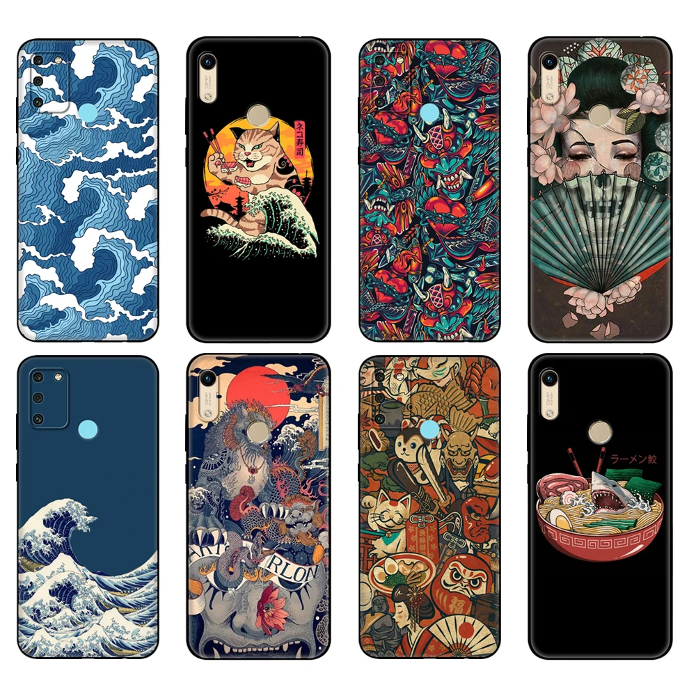 

Black tpu Case For Honor 8a Prime 8s 9 10X Lite 9A 9C 9X Premium Pro 9S Case Cover Japanese Style Art Japan
