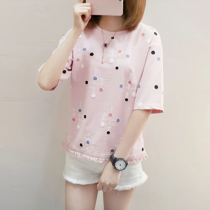 Женская футболка в горошек TIGENA Повседневная Свободная Корейском стиле лето 2020 |