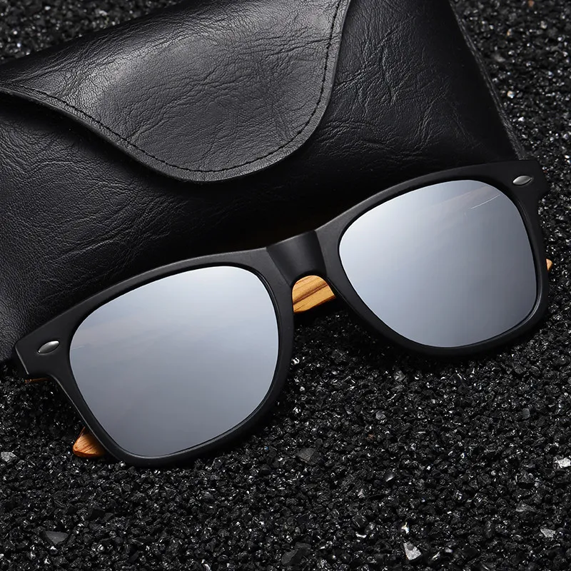 EZREAL Polarized Square Sunglasses Men Women Zebra Wooden Frame Mirror Flat Lens Driving UV400 Eyewear With Box