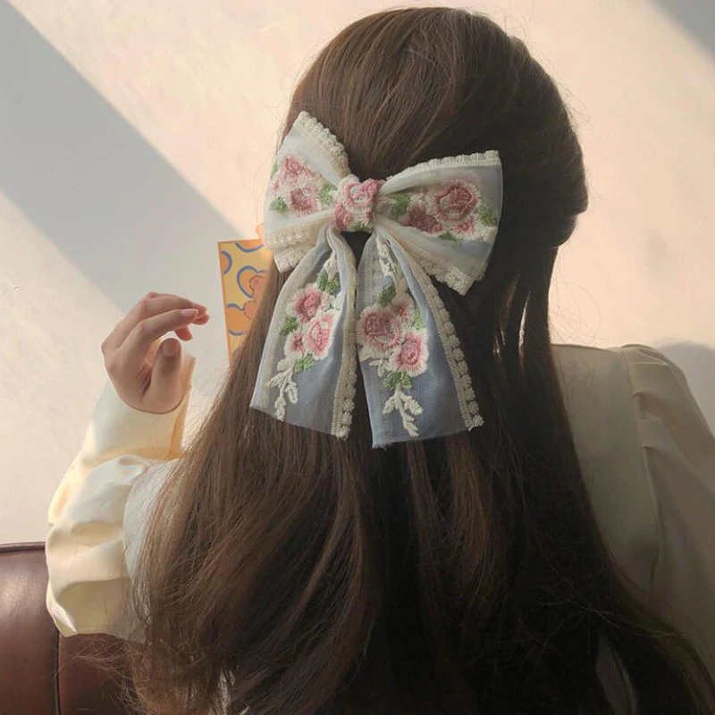 

High Quality Solid Color Big Bow Hairpins For Girl Popular Hair Clip For Women Sweet Two-layer Lace Hairgrip Hair Accessories